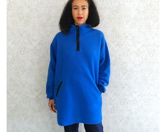 Vintage Blue Fleece Pullover Coat | 80s Oversized Jacket, Size LG