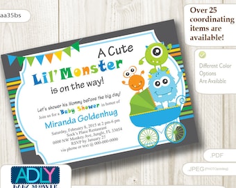 A Cute Little Monster Baby Shower Invite in Multi-Colored Stripes EDITABLE