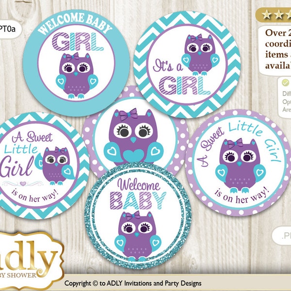 Girl Owl Cupcake Toppers for Baby Shower Printable DIY, favor tags, circles, It's a Girl, Chevron- aa52bPT0