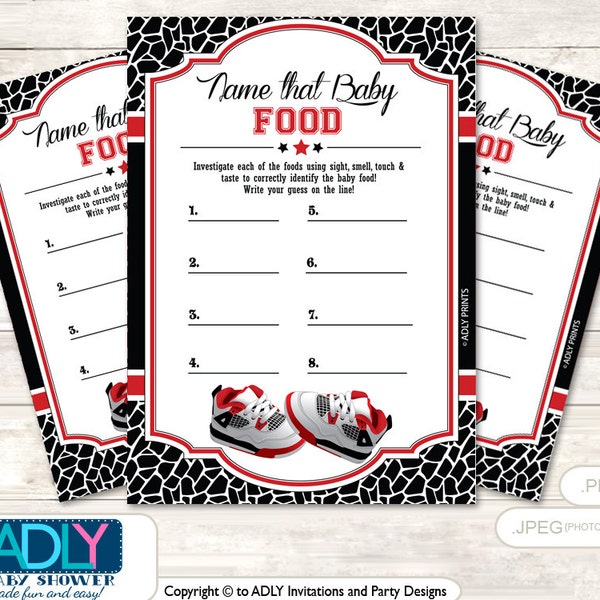 All Star Jumpman  Name That Food, Baby Food guess Game Printable Card for Baby Jumpman Shower DIY Black red Jordan-aa71bs25