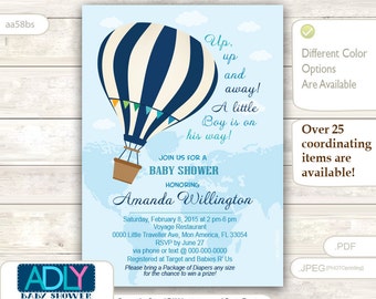 Up Up and Away Baby Shower Invite in Blue with A Hot Air Balloon Clipart EDITABLE