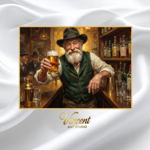 Peut inclure: Illustration d'un homme souriant dans un pub, tenant un verre de bière. Il porte un chapeau noir, un gilet vert et une chemise blanche. Le bar est rempli de bouteilles et de verres. Avec le texte "Vincent ART STUDIO".