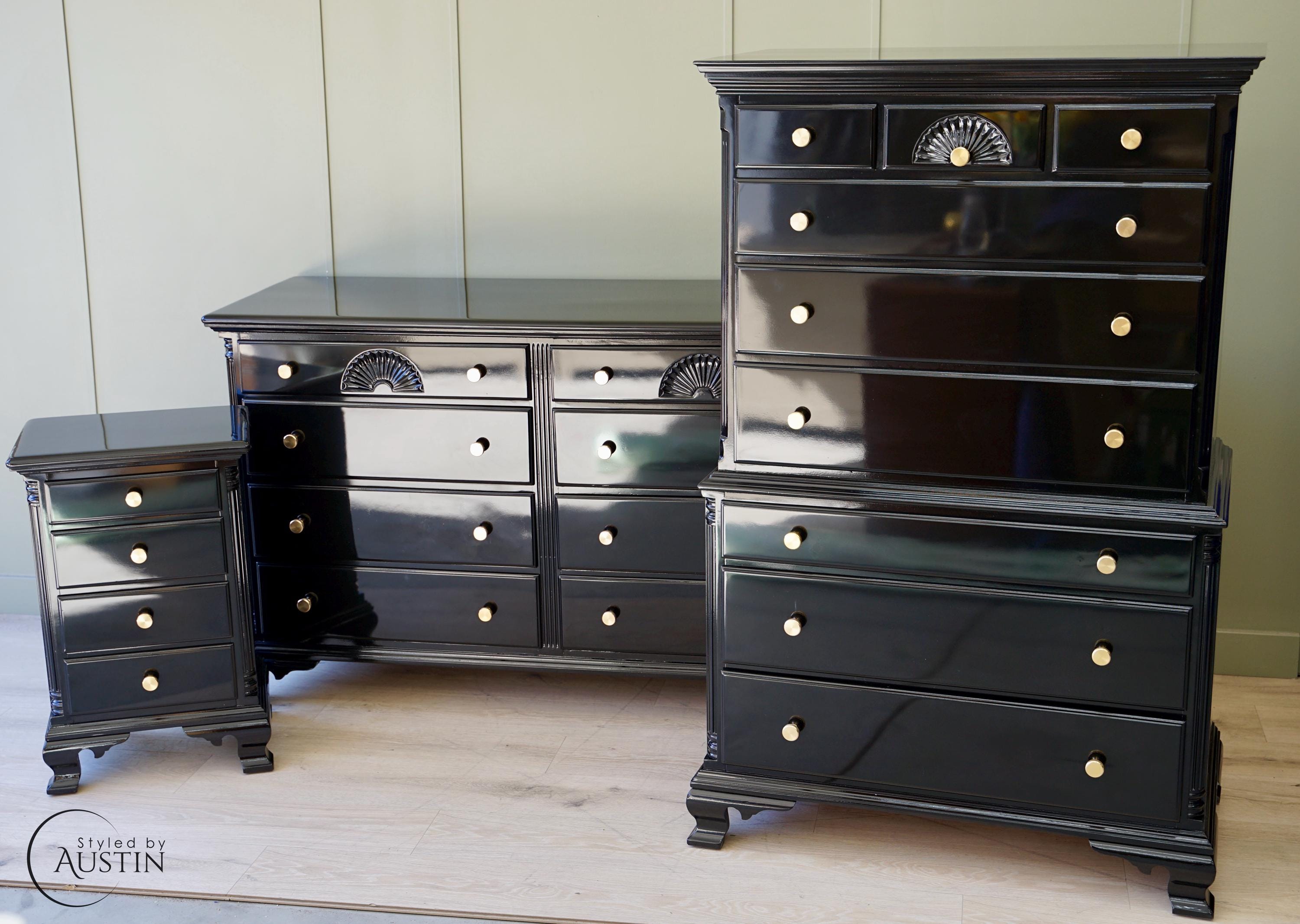 Vintage Kling Mahogany Bedroom Set Nightstand + Dressers Refinished in High-gloss Black Lacquer-shipping is Additional Fee* - Etsy Vintage Kling Mahogany Bedroom Set Nightstand + Dressers Refinished in High-gloss Black Lacquer-shipping is Additional Fee* - Etsy