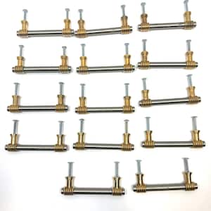 May include: A set of fourteen cabinet pulls, each featuring a smooth silver-toned cylindrical bar connected to two gold-toned mounting posts with ribbed, circular detailing at the ends. Each pull includes two silver-toned metal mounting screws.