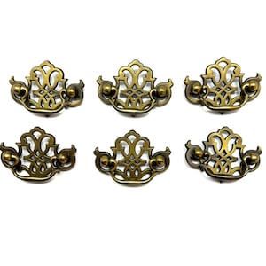 Brass Chippendale Brass Lattice Batwing Swan Neck Drop Bail Drawer Pull Handle K1568 (Set of 6) (Medium) 2&quot; centers