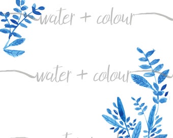 Watercolor blue leaves border