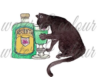 Cat drinking absinth in watercolor on transparent background and notecard template