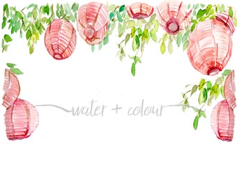 Downloadable watercolor eastern garden lanterns layout