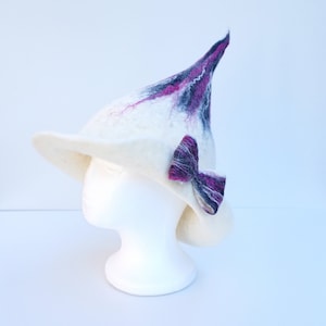 Felted natural white blue sauna hat with ribbon. Handmade to order