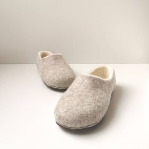 Felted white beige natural wool women slippers image 8