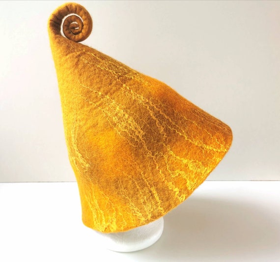 Felted ocher yellow wool sauna hat