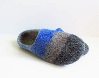 Felted wool slippers , felted men slippers , felt slippers , house shoes , grey blue brown wool