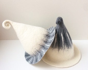 Felted natural white gray sauna hat set. Handmade to order