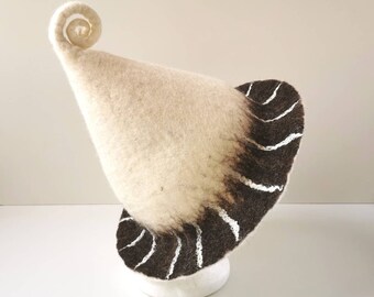 Handmade Felted Wool Sauna Hat: White & Brown Cap