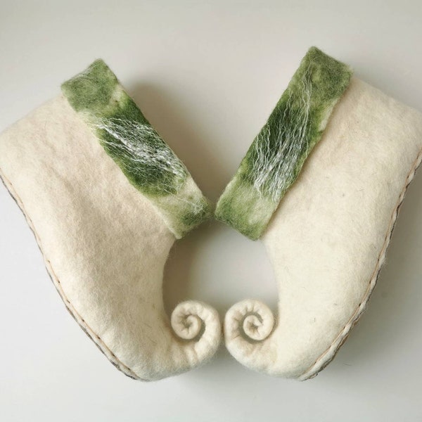 Felted natural wool white green fairy Elf slippers