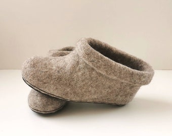 Felted natural beige grey wool women slippers