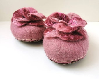 Chaussons Ballerines Femme En Laine Feutrée Main - Rose - Doublure Soie - Taille 7 (UK 3) - Fait Main USA