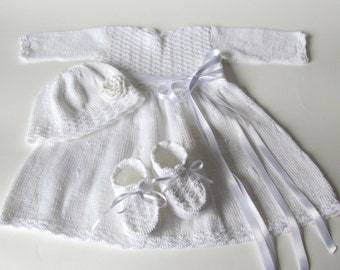 Hand knit and crochet Christening dress, hat and booties. Made to order Christening set