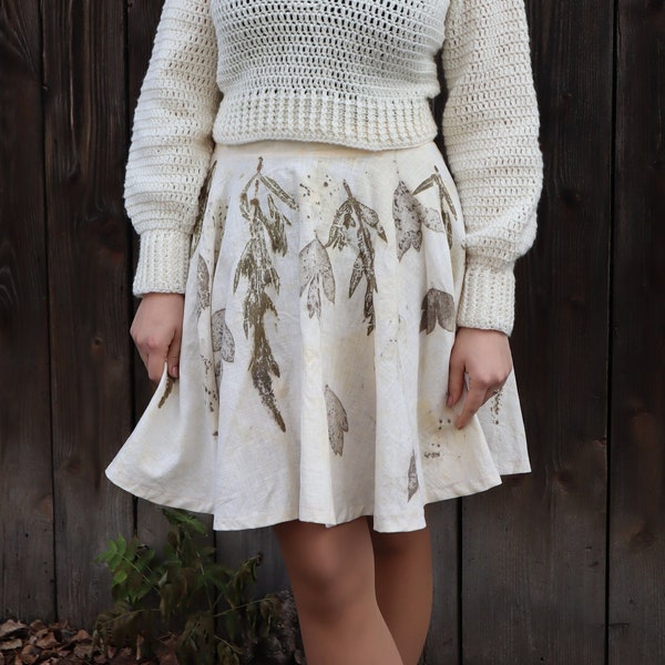 Eco printed Linen Skirt - One-of-a-Kind Boho Style, Handmade Botanical Print, Circle Skirt, Sustainable Fashion