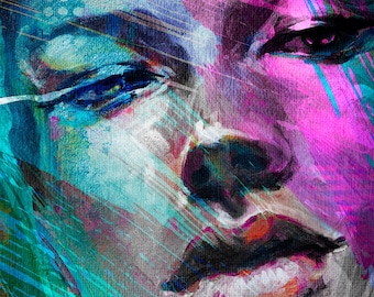 Impresión en lienzo de retrato femenino a partir de una obra original reinterpretada digitalmente (Bellas Artes con técnica mixta)