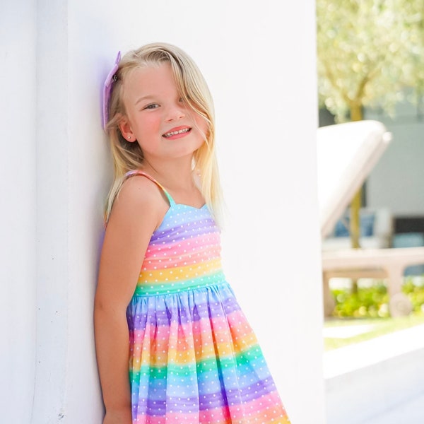 Malibu Rainbow Dress| Girls Tie Back Dress| Rainbow Birthday Dress|Girls Rainbow Outfit|Girls Sundress|Baby Girl Dress|Size 12 Month - 14yrs