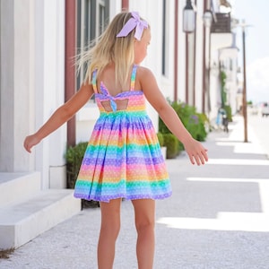 Malibu Rainbow Dress Girls Tie Back Dress Rainbow Birthday DressGirls Rainbow OutfitGirls SundressBaby Girl DressSize 12 Month 14yrs image 5