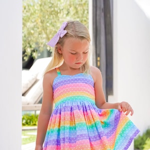 Malibu Rainbow Dress Girls Tie Back Dress Rainbow Birthday DressGirls Rainbow OutfitGirls SundressBaby Girl DressSize 12 Month 14yrs image 4