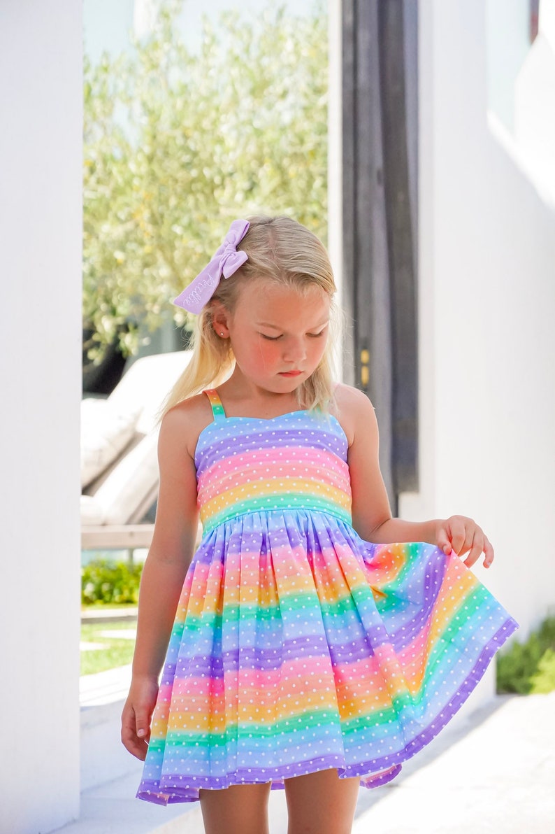 Malibu Rainbow Dress Girls Tie Back Dress Rainbow Birthday DressGirls Rainbow OutfitGirls SundressBaby Girl DressSize 12 Month 14yrs image 4