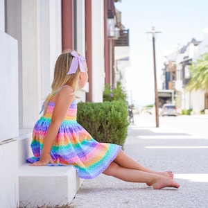 Malibu Rainbow Dress Girls Tie Back Dress Rainbow Birthday DressGirls Rainbow OutfitGirls SundressBaby Girl DressSize 12 Month 14yrs image 7