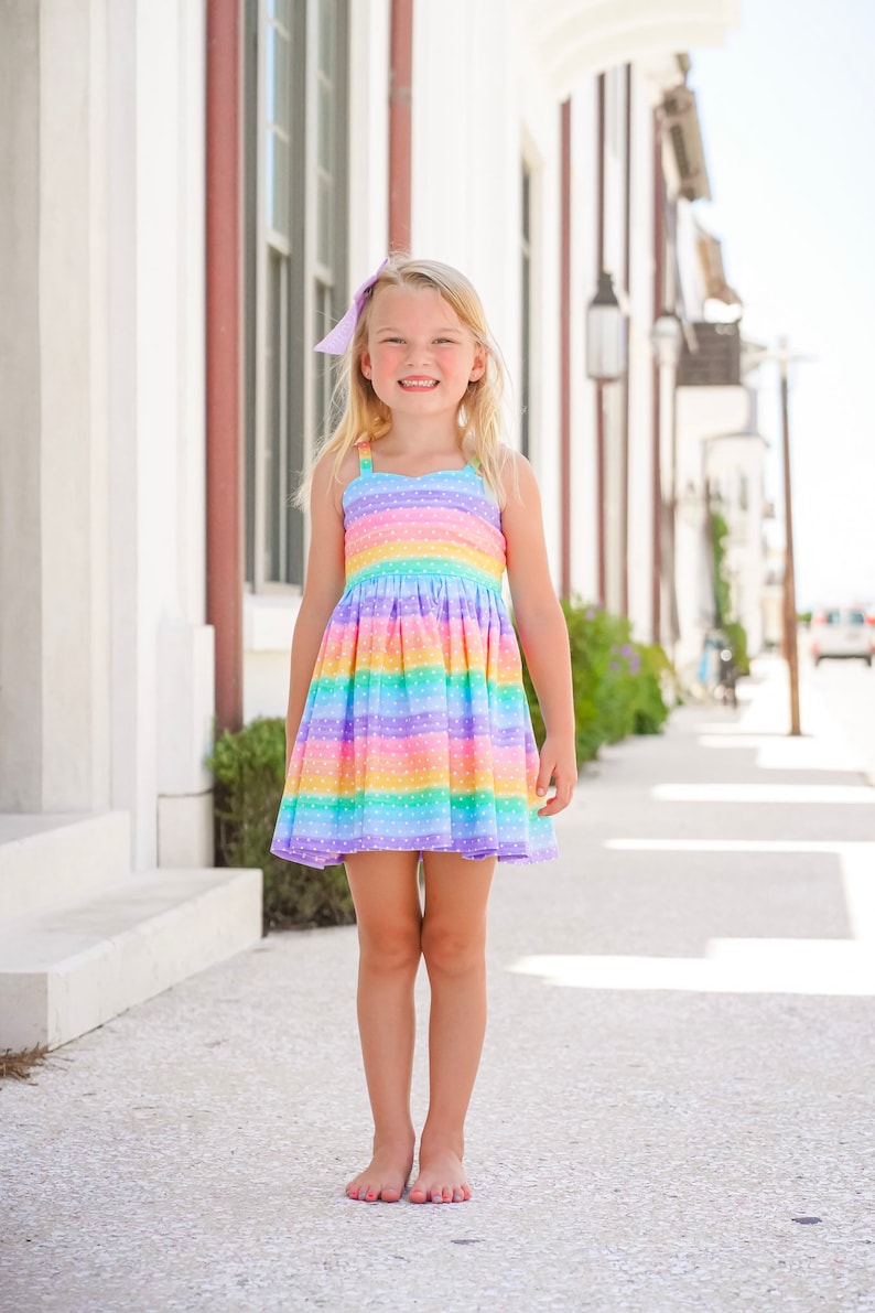 Malibu Rainbow Dress Girls Tie Back Dress Rainbow Birthday DressGirls Rainbow OutfitGirls SundressBaby Girl DressSize 12 Month 14yrs image 9