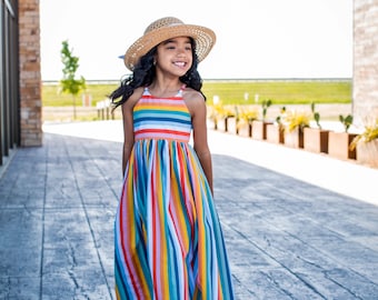 Girls Rainbow Stripe Maxi Dress | Girls Maxi Dress | Girls Dress | Toddler Girl Dress | Girls Summer Dress | Rainbow Dress | Sizes 12m  - 14