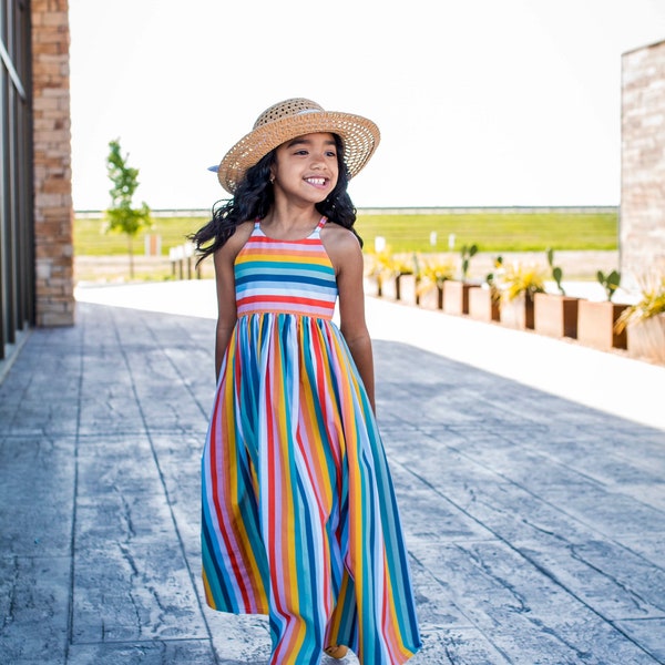 Girls Rainbow Stripe Maxi Dress | Girls Maxi Dress | Girls Dress | Toddler Girl Dress | Girls Summer Dress | Rainbow Dress | Sizes 12m  - 14