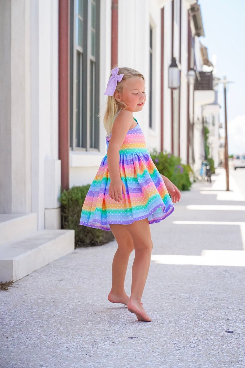 Malibu Rainbow Dress Girls Tie Back Dress Rainbow Birthday DressGirls Rainbow OutfitGirls SundressBaby Girl DressSize 12 Month 14yrs image 3