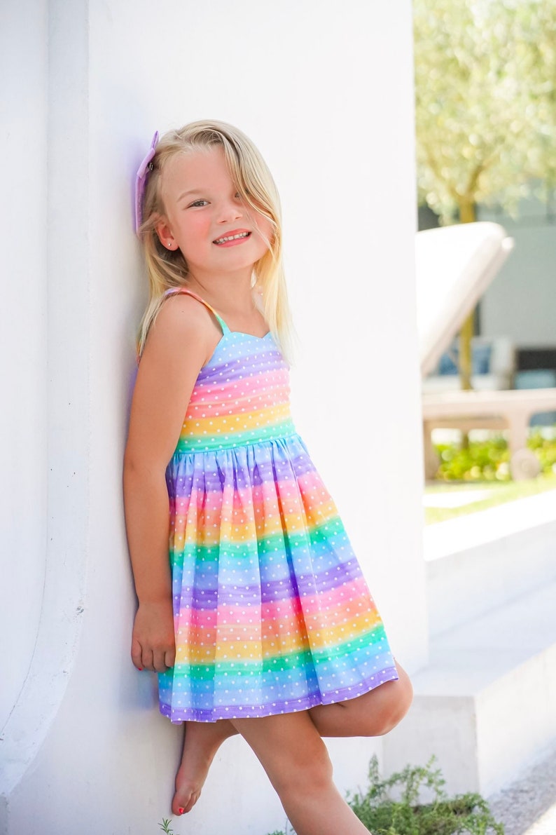 Malibu Rainbow Dress Girls Tie Back Dress Rainbow Birthday DressGirls Rainbow OutfitGirls SundressBaby Girl DressSize 12 Month 14yrs image 1