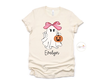 Personalisierte Mädchen Halloween Shirt | Kleinkind Mädchen Geist Name Shirt | Kundenspezifisches Retro Halloween-Hemd | Mädchen T-Shirt | Niedliches Herbst T-Shirt