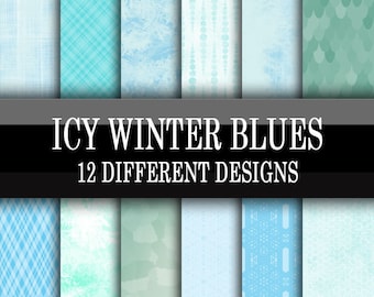 Scrapbook Paper - Digital Download - Icy Ice Blue Christmas Holiday Printable Scrapbooking Papers - White, Blue, Frost - 12 x 12 Inch Sheets