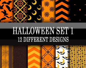 Scrapbook Paper - Digital Download - Halloween Holiday Printable Papers - Yellow Orange Black - 12 x 12 Inch Sheets