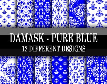 Scrapbooking Paper Basics - Damask Patterns - Pure Blue - 12 Different Patterns Designs - Digital Download 12 x 12 Inch Sheets