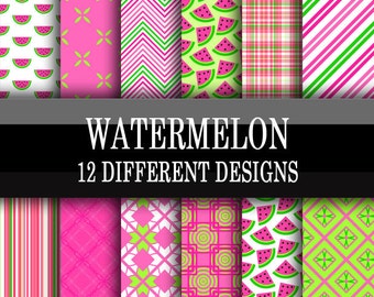 Scrapbook Paper - Digital Download - Watermelon Pattern Kawaii Design - Pink Green Melon - 12 x 12 Inch Sheets Craft Paper