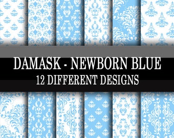 Scrapbooking Paper Basics - Damask Patterns - Newborn Blue - 12 Different Patterns Designs - Digital Download 12 x 12 Inch Sheets