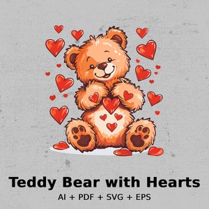 Cute Cartoon Teddy Bear with Hearts clip art for Valentines Day - svg ai eps pdf