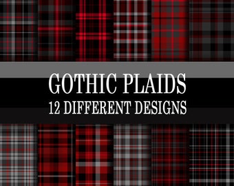 Scrapbook Paper - Digital Download - Gothic Plaids - Red, Black, Grey, Gray, Maroon plaid printable designs - Scrapbooking Paper Pack