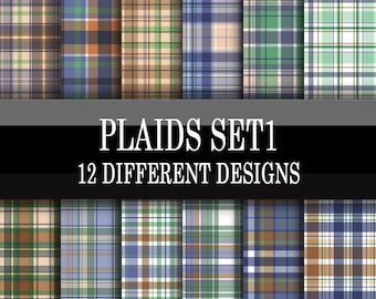 Scrapbook Paper - Digital Download - Blue, Green Brown Plaid design - Printable Paper Pack