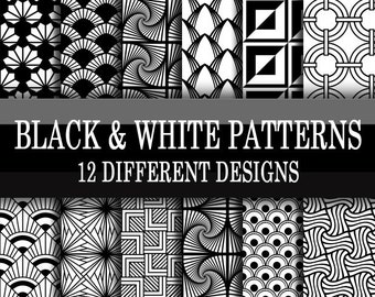 Scrapbook Paper - Digital Download - Black & White Line Art - 12 Different - White Black - 12 x 12 Inch Sheets - Zendoodle Inspired