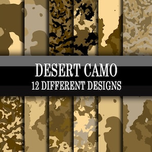 Puede incluir: Doce patrones de camuflaje del desierto diferentes en varios tonos de marrón, beige y negro. Los patrones están dispuestos en una cuadrícula con el texto "DESERT CAMO" y "12 DIFFERENT DESIGNS" en la parte superior.