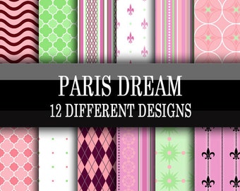 Scrapbook Paper - Digital Download - Paris Dream Printable Scrapbooking Papers - Pink Green White - 12 x 12 Inch Sheets