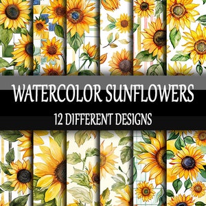 Aquarell Sonnenblumen Digitales Papier, 12 Designs, Scrapbooking, Kartenherstellung, druckbare Hintergründe, Bastelbedarf