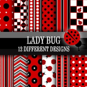 May include: Twelve different digital paper designs featuring ladybugs, polka dots, stripes, and geometric patterns in red, black, and white.