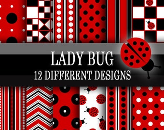 Scrapbook Paper - Digital Download - Lady Bug Design - Red, Black, White geometric pattern - Lady bug clip art included