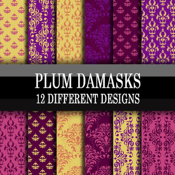 Scrapbook Paper - Digital Download - Plum Crazy Damasks - Plum, Purple, Cream, Pink damask printable designs - Scrapbooking Paper Pack